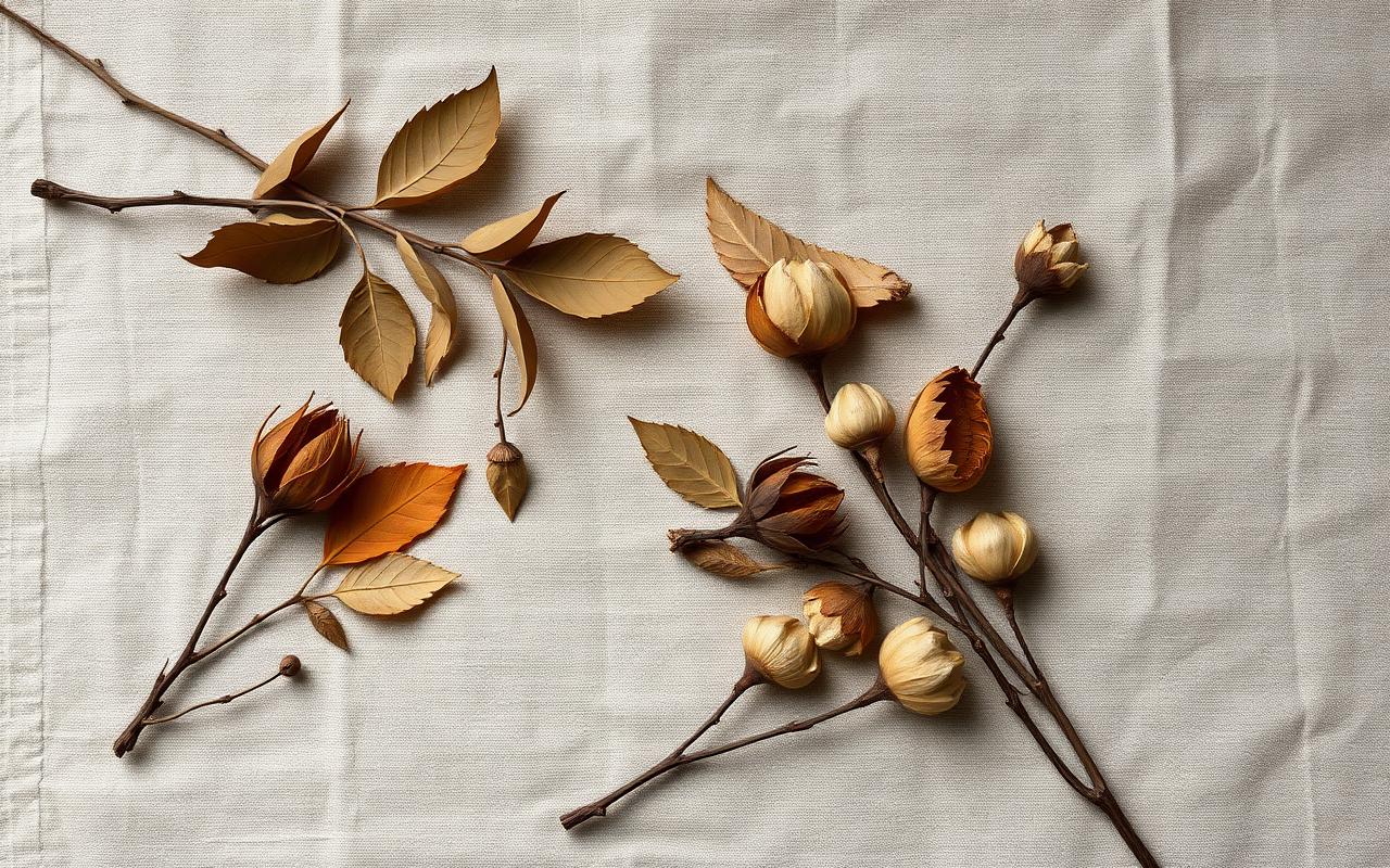Dried botanicals arranged on bone linen