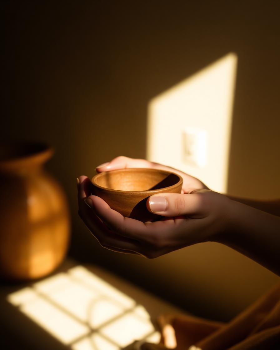 Hands cradling a ceramic bowl in soft light
